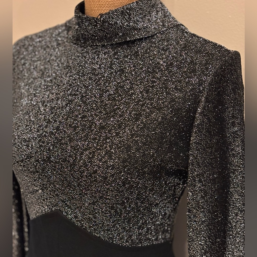 Vintage Long Black Knit Dress Silver Bodice Size Vintage 10 - Picture 3 of 11